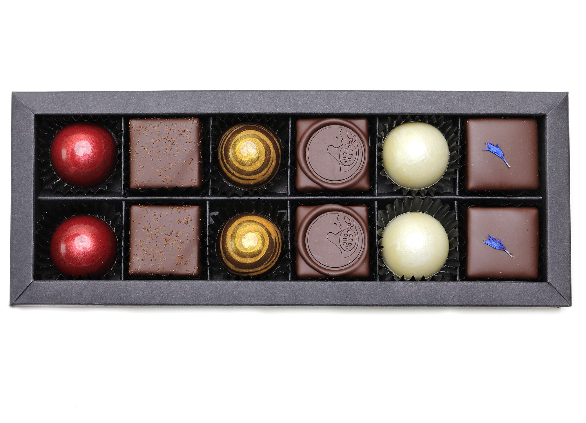 Genuss Sortiment alkohlfrei 6 Formpralinen und 6 Schnittpralinen